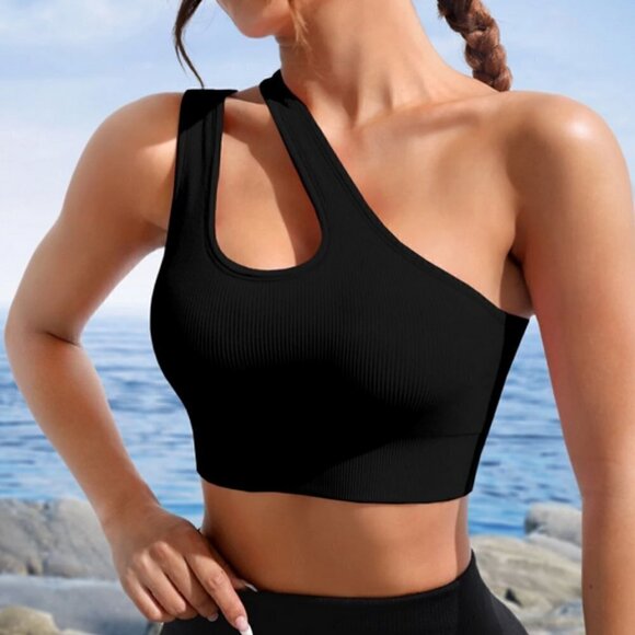 One Shoulder Cut Out Crop Sports Bra athleisure active Black - Picture 5 of 5